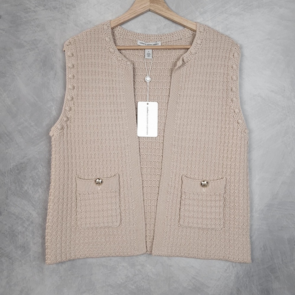 Cotton By Autumn Cashmere Sweater Vest Womens Medium Beige Open Front Pockets